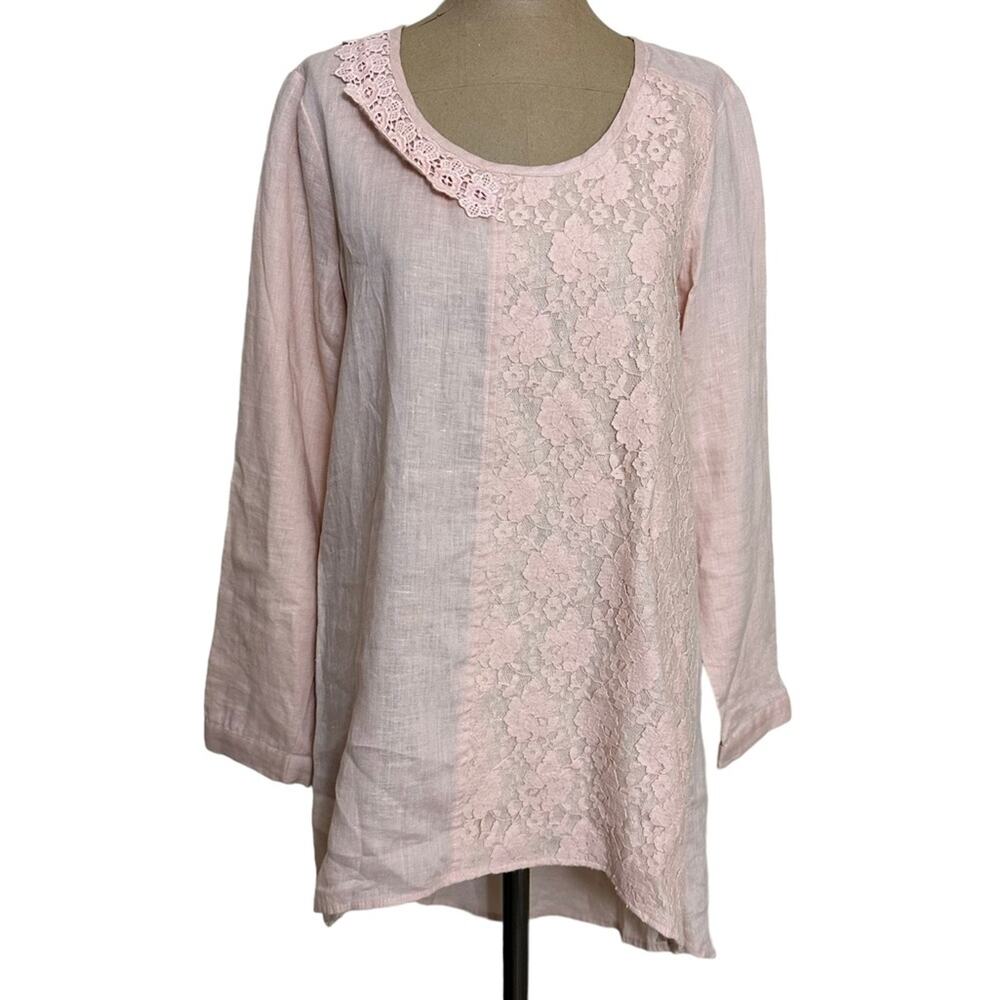 Sundance Light Pink Linen Round Neck Lace Trimmed Long Sleeve Blouse size XS
